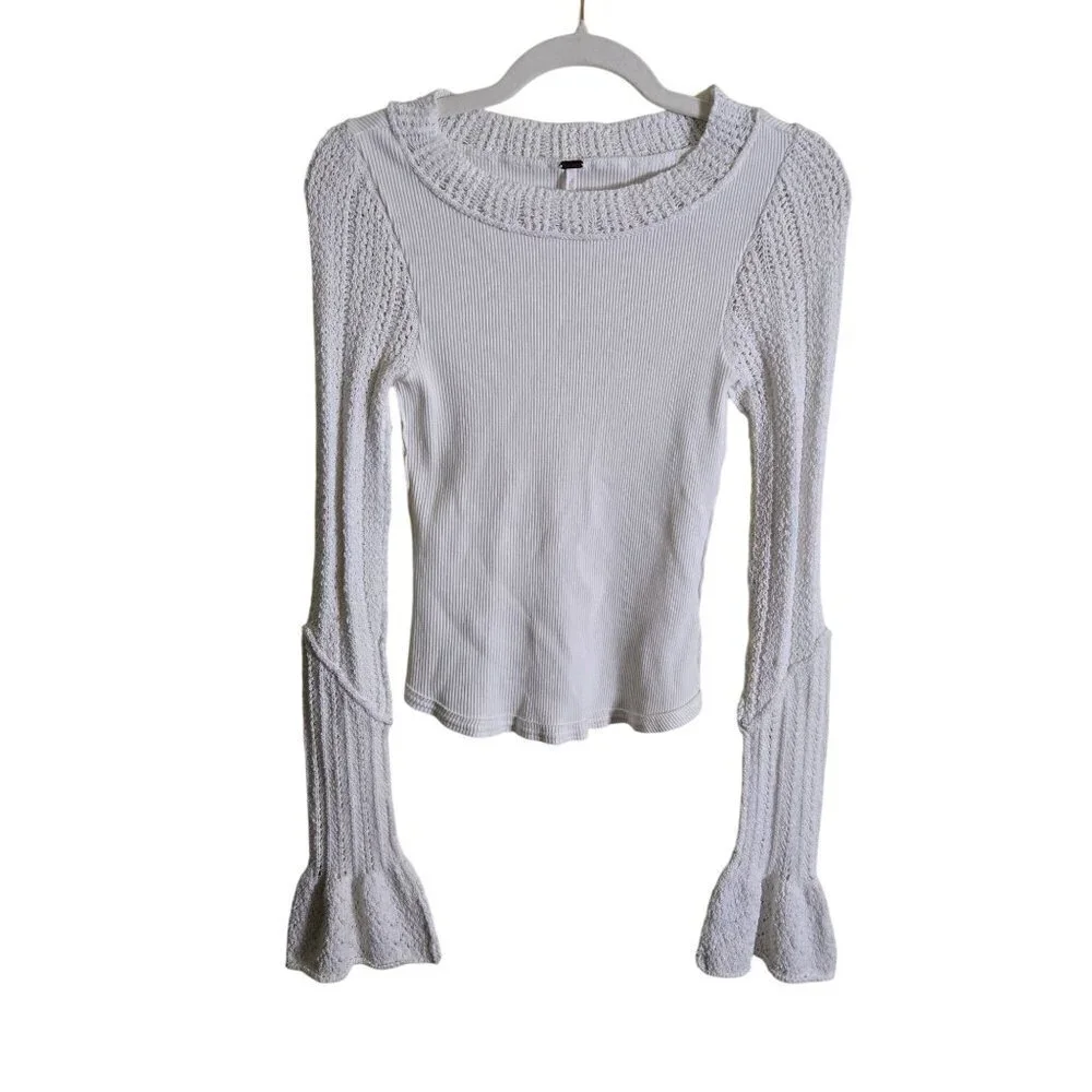 Free People Cuffing Season Round Neck Long Sleeve Top Crochet Detail Size S